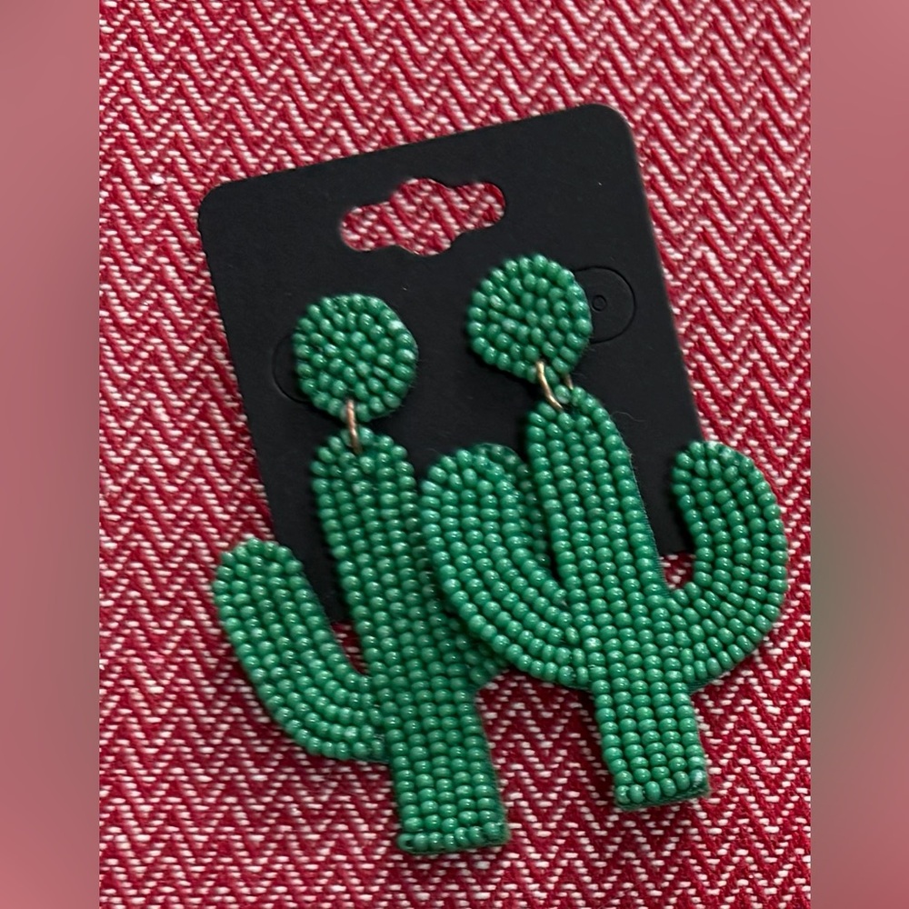 Green Beaded Cactus Statement Earrings Western Cowgirl Boho